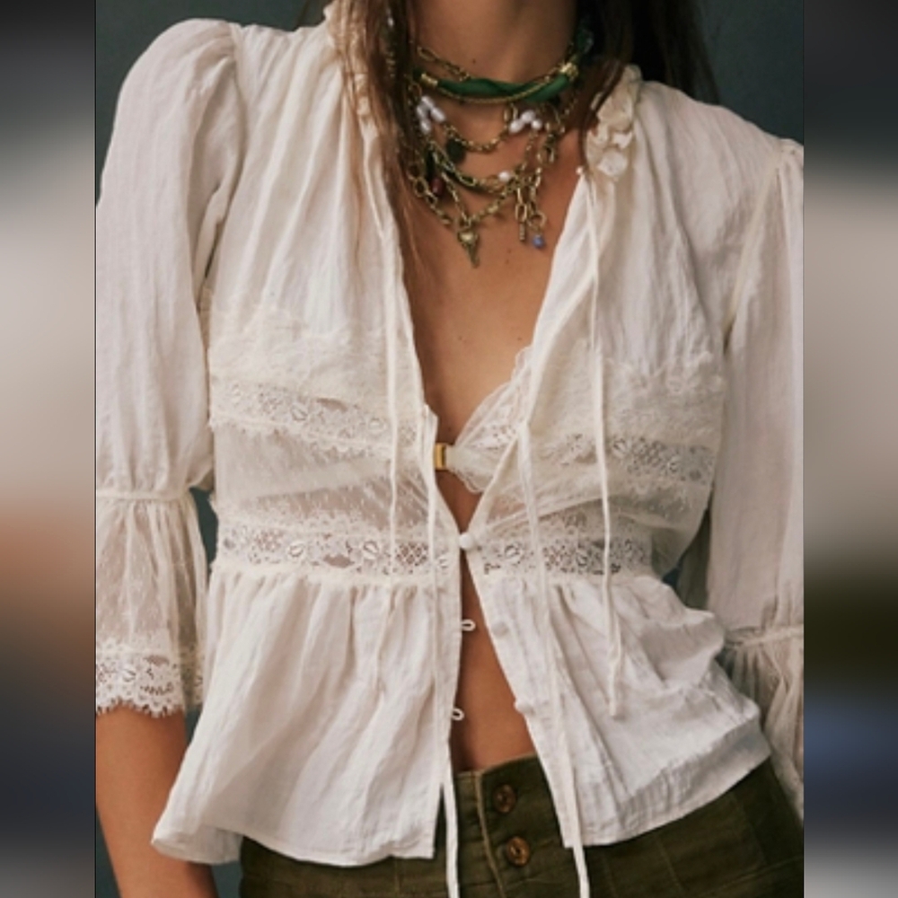 Free People Cream Lace Ruffle Blouse